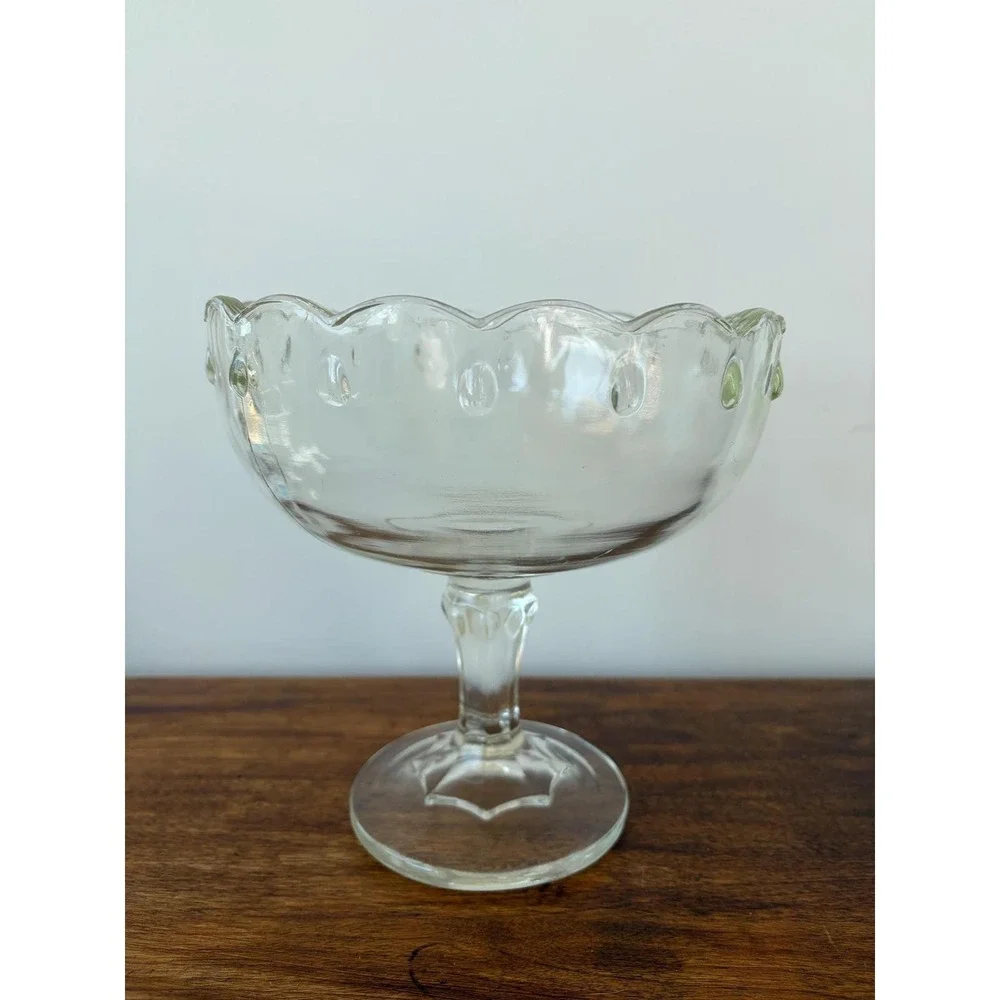 Vintage Clear Glass Pedestal Bowl Scalloped Edge Thumbprint Footed Compote Dish